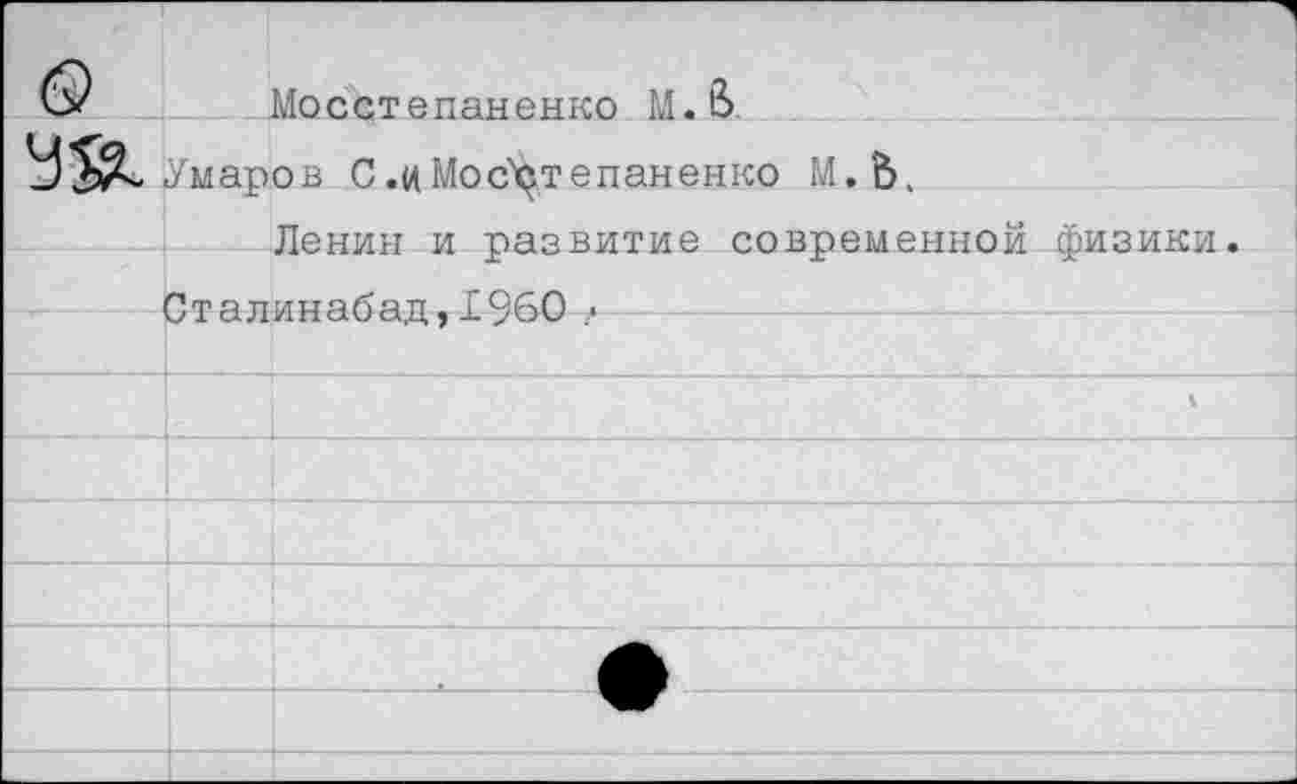 ﻿Мосстеланенко M.S.
Умаров С.иМосстеланенко M.S.
Ленин и развитие современной физики.
Сталинабад,I960 *